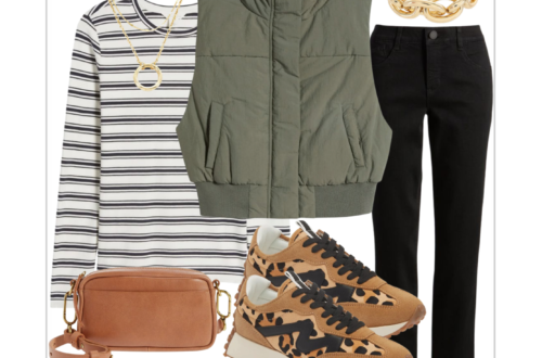 striped tee, olive vest, leopard sneakers